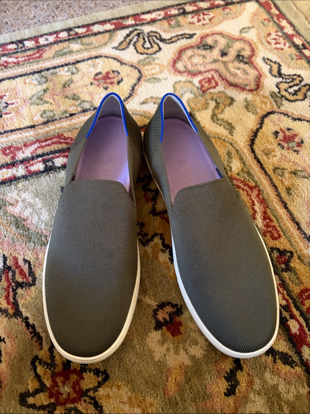 Rothy's Women’s Olive Green Slip-On Loafers with Blue Trim